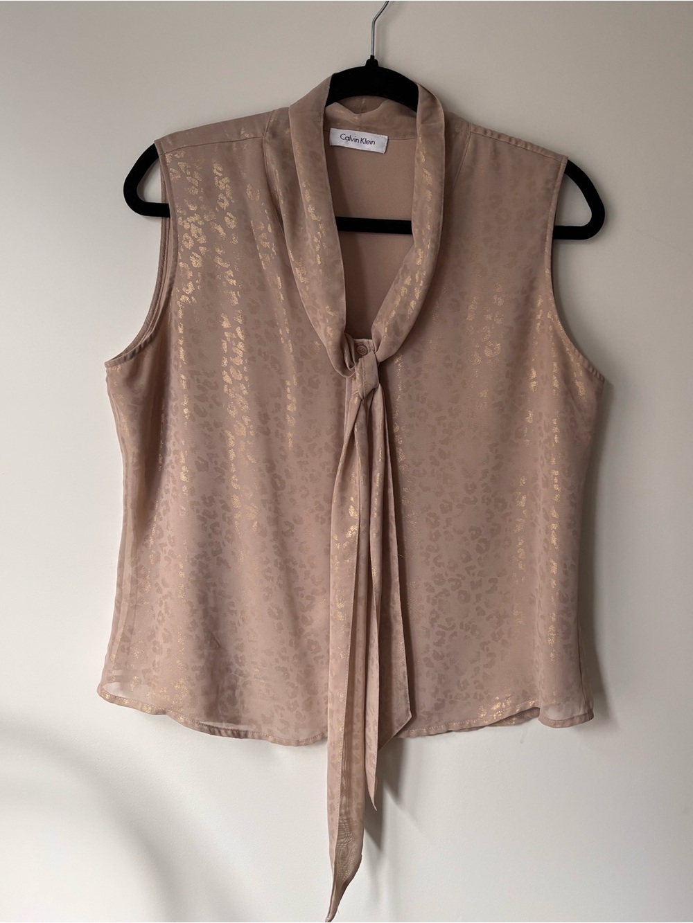 Calvin Klein Sleeveless Tie-Neck Blouse in Taupe with Metallic Sheen